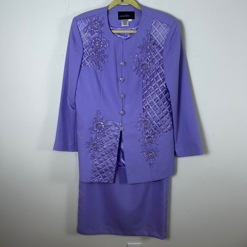 Studio B Womens Skirt Suit Set Size 10 Purple Floral Beaded Embellished Blazer